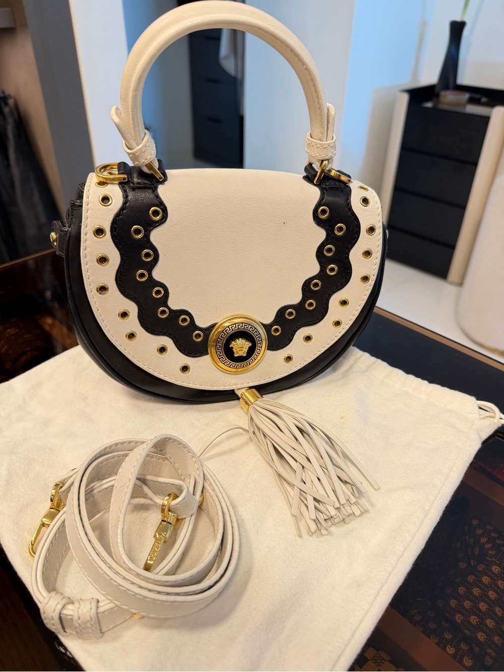Versace White & Black Leather Tassel Top-Handle Mini Bag with removable strap